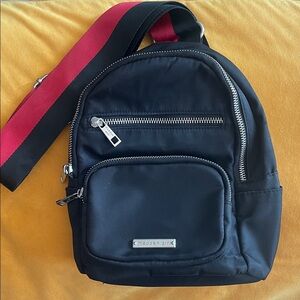 Madden Girl Black Satin Sling Bag with Black and Red Strap